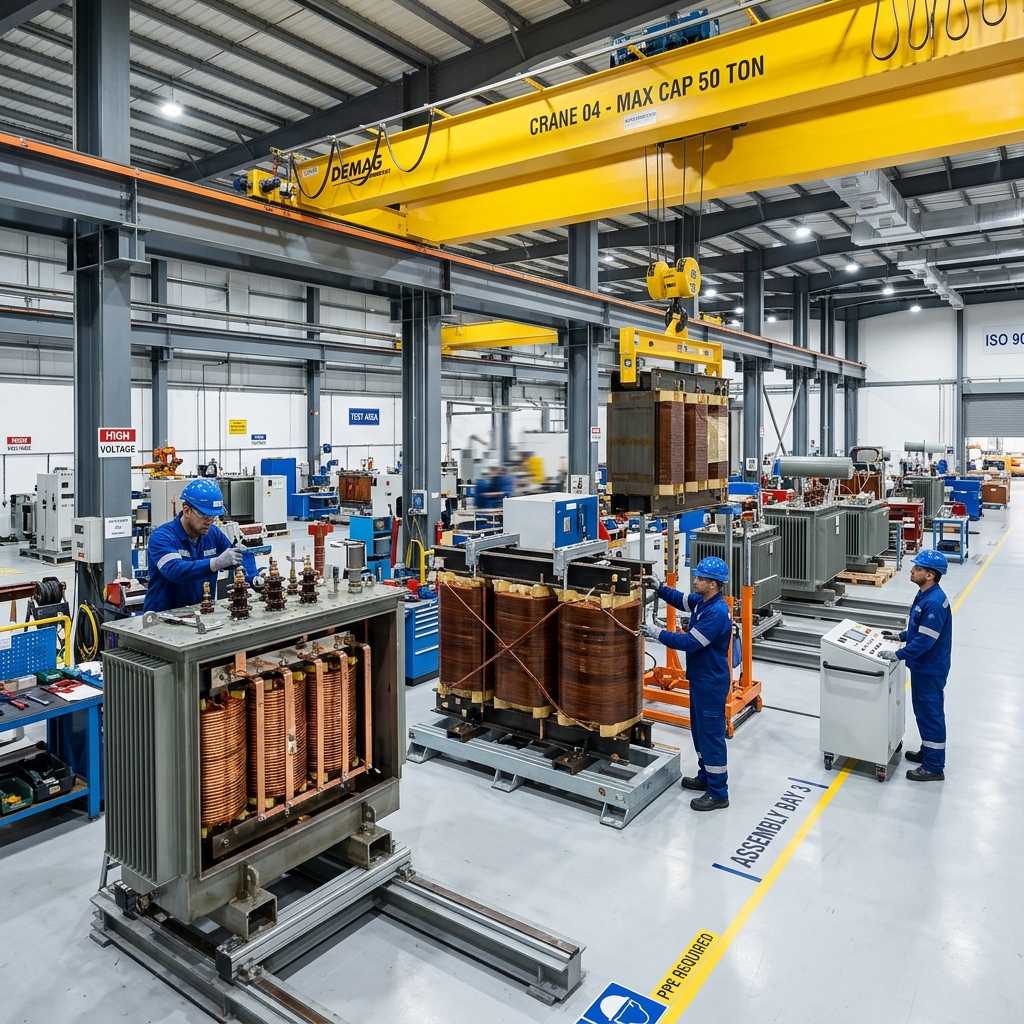 Dust-free assembly bay showing active transformer cores